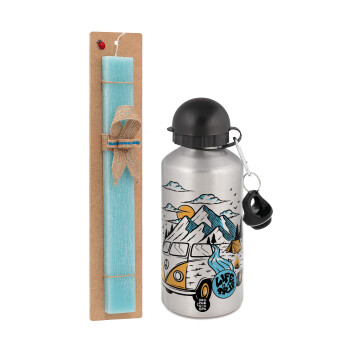 Life is a trip, Easter Set, metallic silver aluminum water bottle (500ml) & scented flat Easter candle (30cm) (TURQUOISE)
