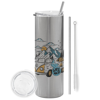 Life is a trip, Eco friendly stainless steel Silver tumbler 600ml, with metal straw & cleaning brush