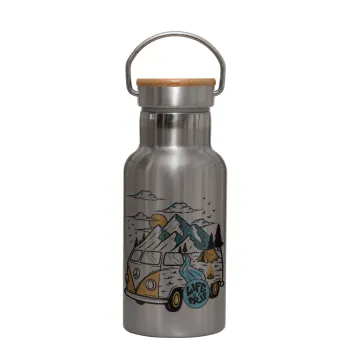 Life is a trip, Stainless steel metallic thermos flask, silver with a bamboo lid, double-walled, 350ml.