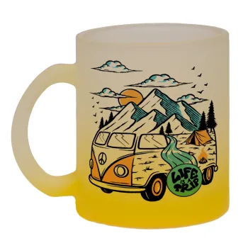 Life is a trip, Κούπα γυάλινη δίχρωμη με βάση το κίτρινο ματ, 330ml