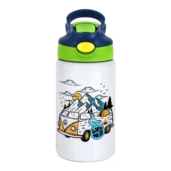 Life is a trip, Children's hot water bottle, stainless steel, with safety straw, green, blue (350ml)