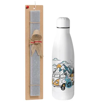 Life is a trip, Easter Set, metallic stainless thermos bottle (500ml) & scented flat Easter candle (30cm) (GRAY)