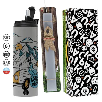 Life is a trip, Πασχαλινή Λαμπάδα με Travel Tumbler θερμό (600ml, BPA free) & κερί αρωματικό πλακέ (30cm) (ΓΚΡΙ)