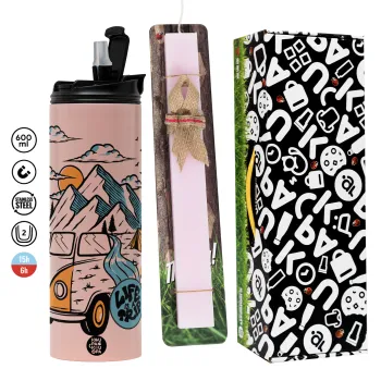 Life is a trip, Easter candle,Travel Tumbler 2 Lids, with metal straw & cleaning brush & aromatic flat candle (30cm) (PINK)