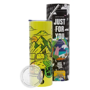 Life is a trip, Neon Yellow Travel Tumbler θερμό, μεταλλικό καλαμάκι(Ανωξείδωτο 304 Food grade, BPA free, 600ml)