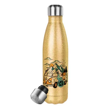 Life is a trip, Glitter gold stainless steel thermos bottle, double-walled, 500ml