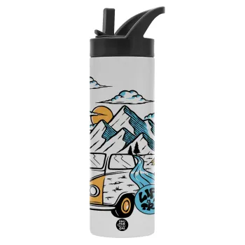 Life is a trip, Μεταλλικό παγούρι θερμός με καλαμάκι & χειρολαβή, ανοξείδωτο ατσάλι (Stainless steel 304), διπλού τοιχώματος, 600ml