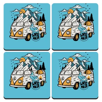 Life is a trip, ΣΕΤ 4 Σουβέρ ξύλινα τετράγωνα (9cm)