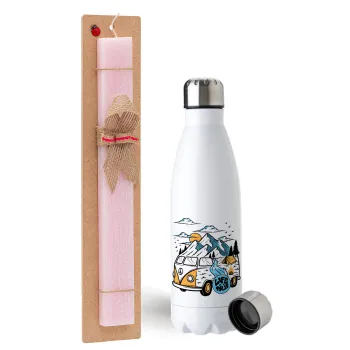 Life is a trip, Easter Set, metallic stainless steel water bottle (750ml) & scented flat Easter candle (30cm) (PINK)