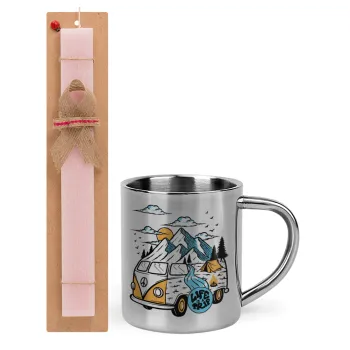 Life is a trip, Πασχαλινή Λαμπάδα με μεταλλική κούπα θερμό (300ml) & κερί αρωματικό πλακέ (30cm) (ΡΟΖ)