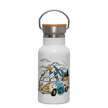 Life is a trip, Μεταλλικό παγούρι θερμός (Stainless steel) Λευκό με ξύλινο καπακι (bamboo), διπλού τοιχώματος, 350ml
