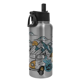 Life is a trip, Μεταλλικό παγούρι θερμός Silver με καλαμάκι και χερούλι (Stainless steel), διπλού τοιχώματος, 950ml