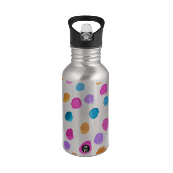 Watercolor dots, Water bottle Silver with straw, stainless steel 500ml