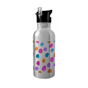 Watercolor dots, Water bottle Silver with straw, stainless steel 600ml