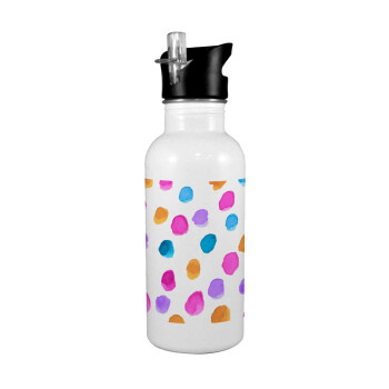 Watercolor dots, White water bottle with straw, stainless steel 600ml