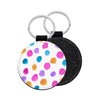 Watercolor dots, Μπρελόκ Δερματίνη, στρογγυλό ΜΑΥΡΟ (5cm)