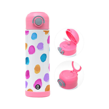 Watercolor dots, Children's hot water bottle, stainless steel, with safety straw, PINK (500ml)