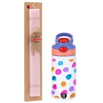 Watercolor dots, Πασχαλινό Σετ, Παιδικό παγούρι θερμό, ανοξείδωτο, με καλαμάκι ασφαλείας, ροζ/μωβ (350ml) & πασχαλινή λαμπάδα αρωματική πλακέ (30cm) (ΡΟΖ)