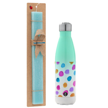 Watercolor dots, Easter Set, Metallic green/white thermos (Stainless steel), double-walled, 500ml & scented flat Easter candle (30cm) (TURQUOISE)