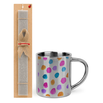 Watercolor dots, Easter Set, metallic thermal cup (300ml) & Easter aromatic flat candle (30cm) (GRAY)