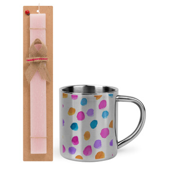 Watercolor dots, Easter Set, metallic thermal cup (300ml) & aromatic flat Easter candle (30cm) (PINK)