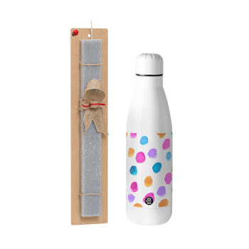 Watercolor dots, Easter Set, metallic stainless thermos bottle (500ml) & scented flat Easter candle (30cm) (GRAY)