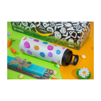 Watercolor dots, Easter candle,Travel Tumbler 2 Lids, with metal straw & cleaning brush & aromatic flat candle (30cm) (BLUE)