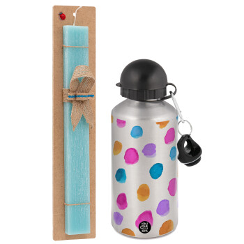 Watercolor dots, Easter Set, metallic silver aluminum water bottle (500ml) & scented flat Easter candle (30cm) (TURQUOISE)