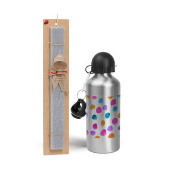 Watercolor dots, Easter Set, metallic silver aluminum water bottle (500ml) & aromatic flat Easter candle (30cm) (GRAY)