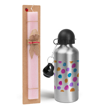 Watercolor dots, Easter Set, metallic Silver aluminum water bottle (500ml) & scented flat Easter candle (30cm) (PINK)