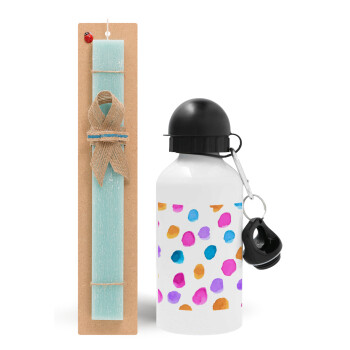 Watercolor dots, Easter Set, metallic aluminum water bottle (500ml) & scented flat candle (30cm) (TURQUOISE)