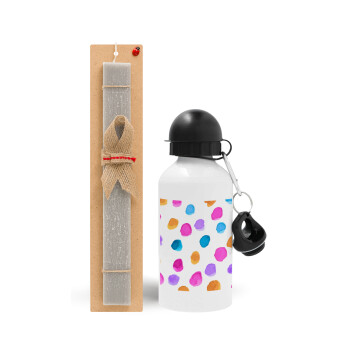 Watercolor dots, Easter Set, metallic aluminum water bottle (500ml) & aromatic flat Easter candle (30cm) (GRAY)