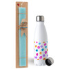 Easter Set, metallic stainless steel water bottle (750ml) & aromatic flat Easter candle (30cm) (TURQUOISE)