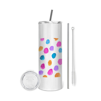 Watercolor dots, Eco friendly ποτήρι θερμό (tumbler) από ανοξείδωτο ατσάλι 600ml, με μεταλλικό καλαμάκι & βούρτσα καθαρισμού