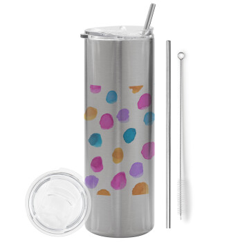 Watercolor dots, Eco friendly stainless steel Silver tumbler 600ml, with metal straw & cleaning brush
