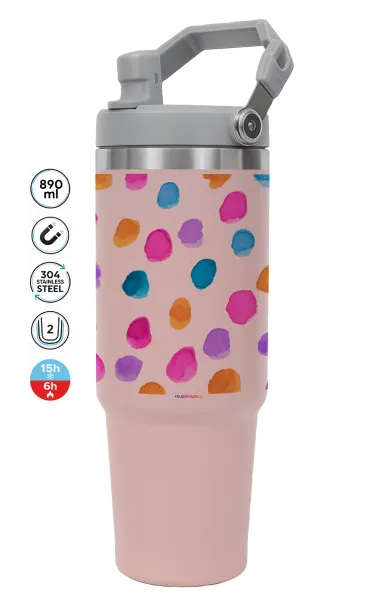 Watercolor dots — ΡΟΖ Travel Tumbler Θερμός με χερούλι και καλαμάκι 890ml