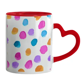 Watercolor dots, Mug heart red handle, ceramic, 330ml