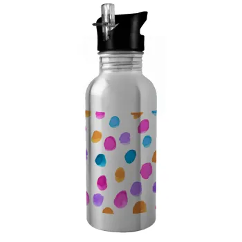 Watercolor dots, Water bottle Silver with straw, stainless steel 600ml