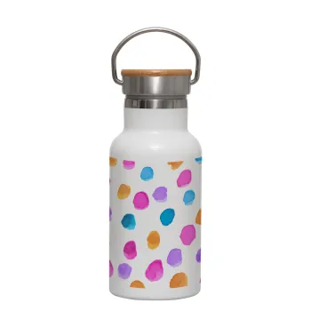 Watercolor dots, Metallic thermos (Stainless steel) White with wooden lid (bamboo), double-walled, 350ml