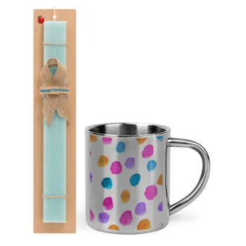 Watercolor dots, Easter Set, metallic thermal cup (300ml) & aromatic flat Easter candle (30cm) (TURQUOISE)