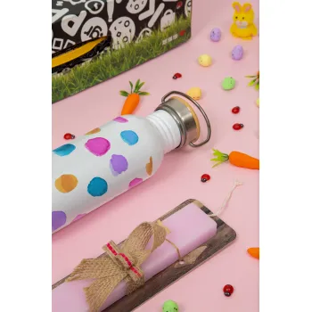 Watercolor dots, Easter Set, SS Metallic water bottle (620ml, stainless steel) & scented flat Easter candle (30cm) (PINK)