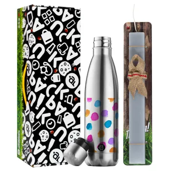 Watercolor dots, Easter Set, metallic stainless thermos flask (500ml) & scented flat Easter candle (30cm) (GRAY)