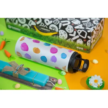 Watercolor dots, Easter candle,Travel Tumbler 2 Lids, with metal straw & cleaning brush & aromatic flat candle (30cm) (BLUE)