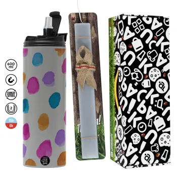 Watercolor dots, Πασχαλινή Λαμπάδα με Travel Tumbler θερμό (600ml, BPA free) & κερί αρωματικό πλακέ (30cm) (ΓΚΡΙ)