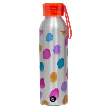 Watercolor dots, Αλουμινένιο Αθλητικό Μπουκάλι 650ml – Ασημί με Κόκκινο Καπάκι και Λουράκι Σιλικόνης
