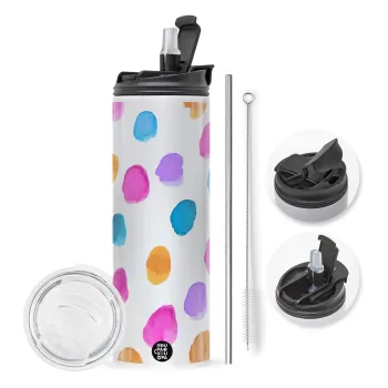 Watercolor dots, Travel Tumbler θερμό με διπλό καπάκι, μεταλλικό καλαμάκι και βούρτσα καθαρισμού (Ανωξείδωτο 304 Food grade, BPA free, 600ml)