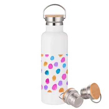 Watercolor dots, Μεταλλικό παγούρι θερμός (Stainless steel) Λευκό με ξύλινο καπάκι (bamboo), διπλού τοιχώματος, 750ml