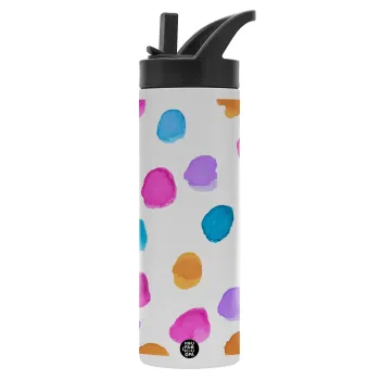 Watercolor dots, Μεταλλικό παγούρι θερμός με καλαμάκι & χειρολαβή, ανοξείδωτο ατσάλι (Stainless steel 304), διπλού τοιχώματος, 600ml