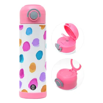 Watercolor dots, Παιδικό παγούρι θερμό, ανοξείδωτο, με καλαμάκι ασφαλείας, ΡΟΖ (500ml)