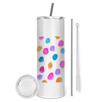 Watercolor dots, Tumbler ποτήρι θερμό από ανοξείδωτο ατσάλι 600ml, με μεταλλικό καλαμάκι & βούρτσα καθαρισμού